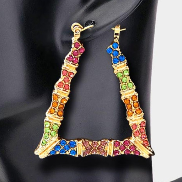 MultiColored Bamboo Door Knocker Earrings Trendy Crystal Rhinestone Hoop Jewelry - Picture 2 of 5